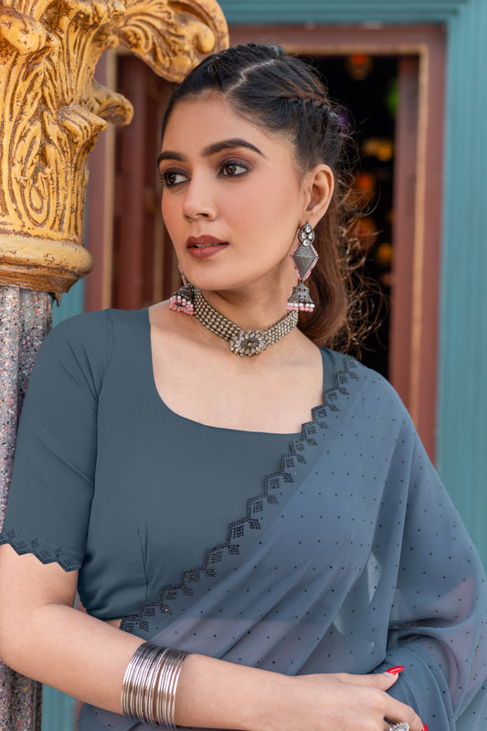 Leelavati Embellished Bollywood Chiffon Saree (Grey)