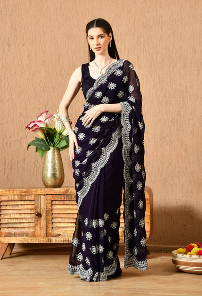 Leelavati Embroidered Bollywood Georgette Saree (Dark Blue)