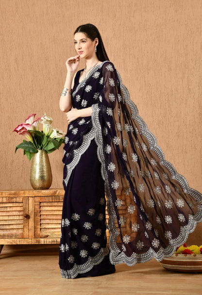 Leelavati Embroidered Bollywood Georgette Saree (Dark Blue)