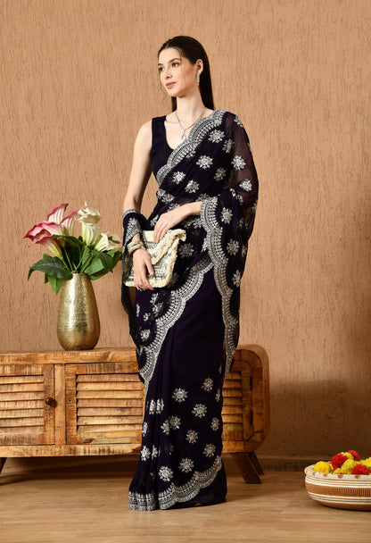 Leelavati Embroidered Bollywood Georgette Saree (Dark Blue)