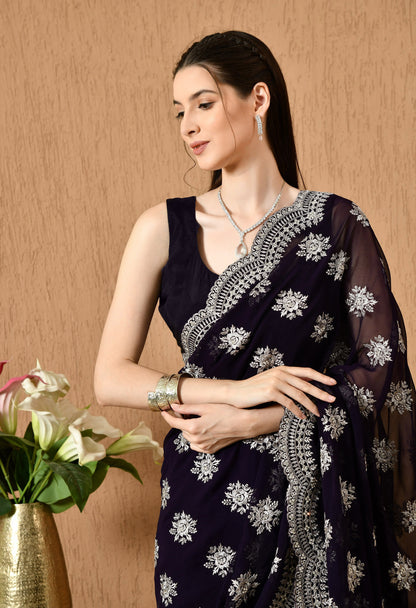 Leelavati Embroidered Bollywood Georgette Saree (Dark Blue)