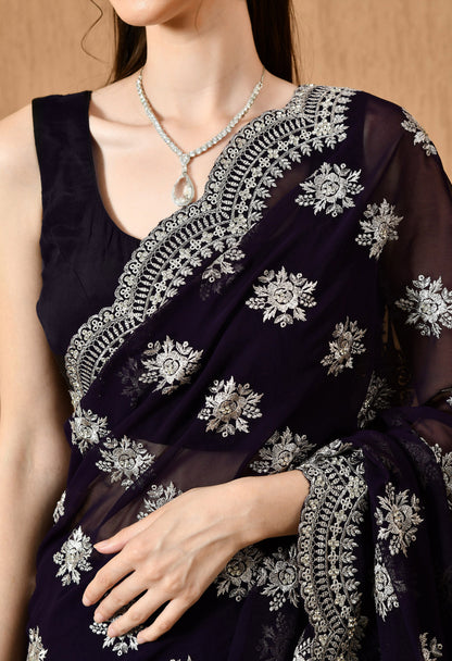 Leelavati Embroidered Bollywood Georgette Saree (Dark Blue)