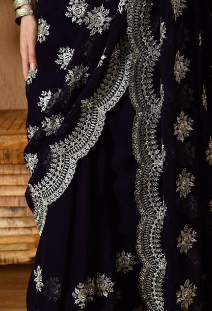 Leelavati Embroidered Bollywood Georgette Saree (Dark Blue)