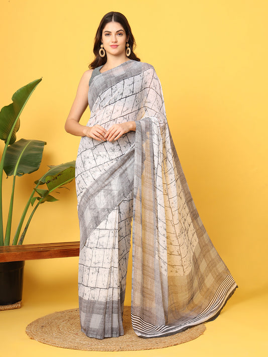 Leelavati Printed Bollywood Chiffon Saree (White, Grey)