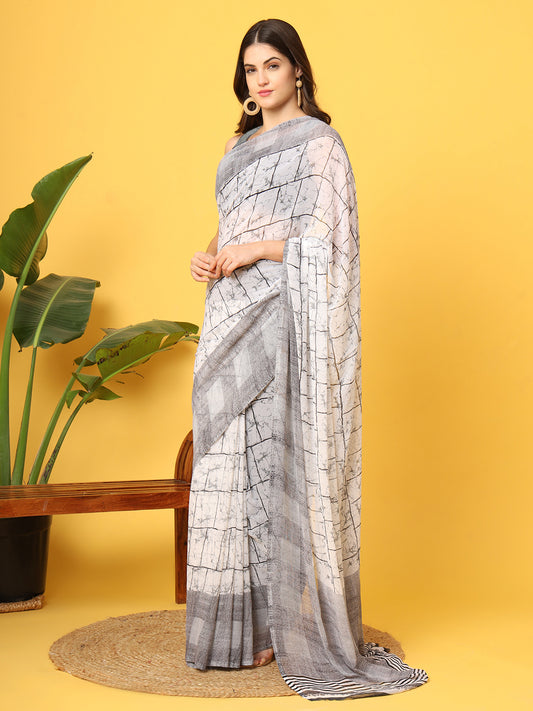Leelavati Printed Bollywood Chiffon Saree (White, Grey)