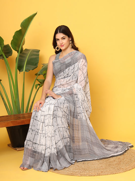 Leelavati Printed Bollywood Chiffon Saree (White, Grey)