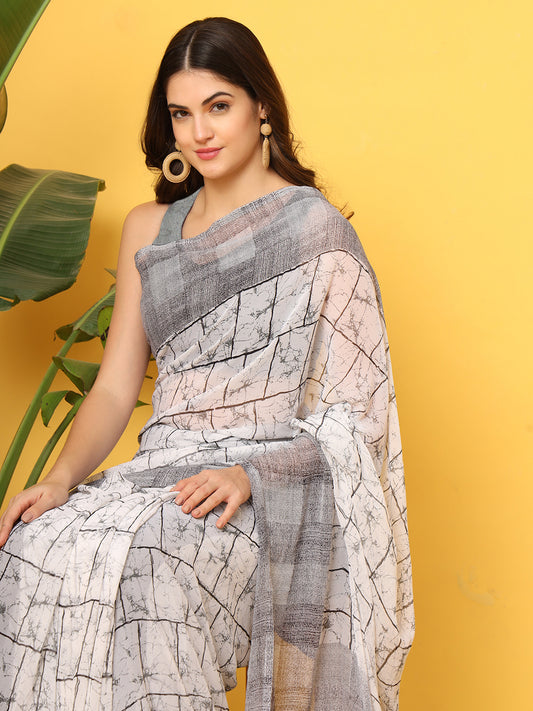Leelavati Printed Bollywood Chiffon Saree (White, Grey)