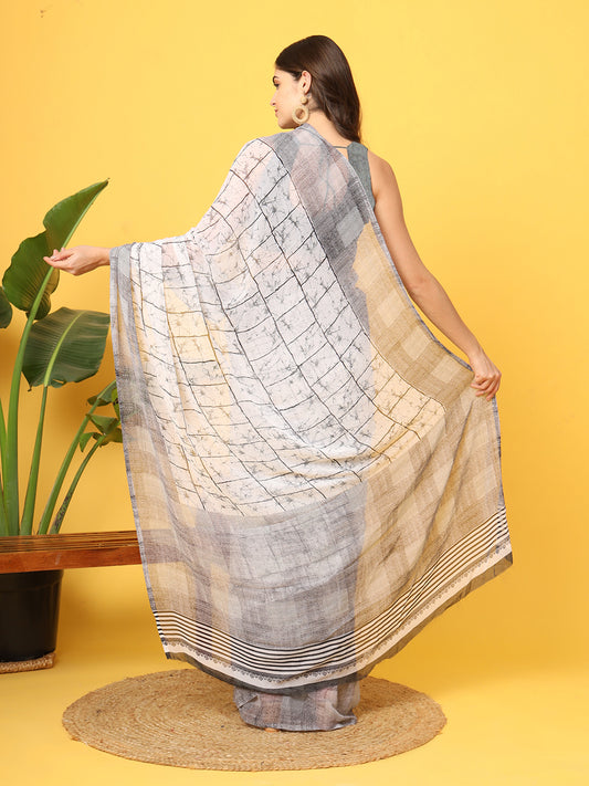 Leelavati Printed Bollywood Chiffon Saree (White, Grey)