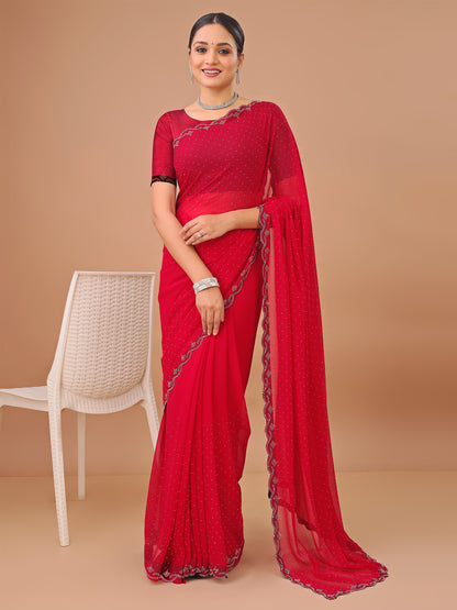 Leelavati Embellished Bollywood Chiffon Saree (Red)