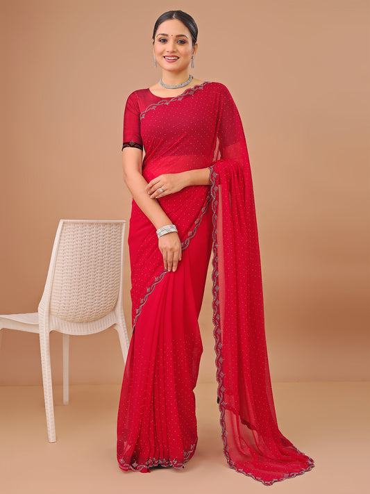Leelavati Embellished Bollywood Chiffon Saree (Red)