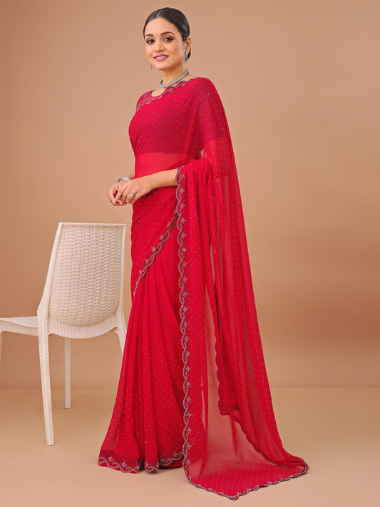Leelavati Embellished Bollywood Chiffon Saree (Red)
