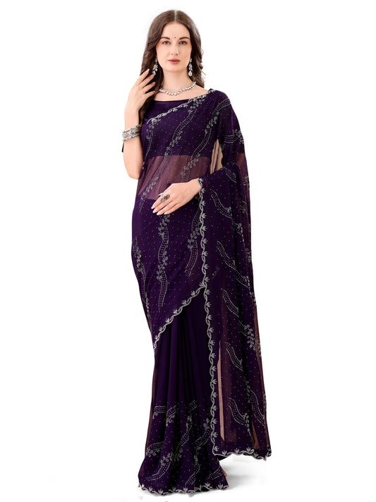 Leelavati Embroidered, Embellished Bollywood Georgette Saree (Purple)