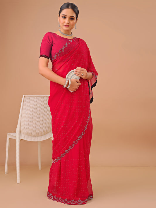 Leelavati Embellished Bollywood Chiffon Saree (Red)