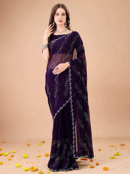 Leelavati Embroidered, Embellished Bollywood Georgette Saree (Purple)