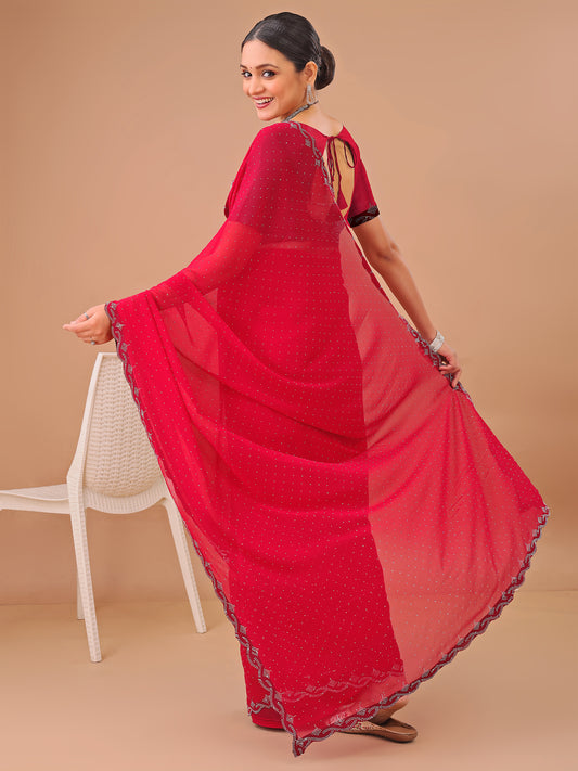 Leelavati Embellished Bollywood Chiffon Saree (Red)