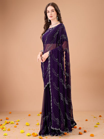 Leelavati Embroidered, Embellished Bollywood Georgette Saree (Purple)
