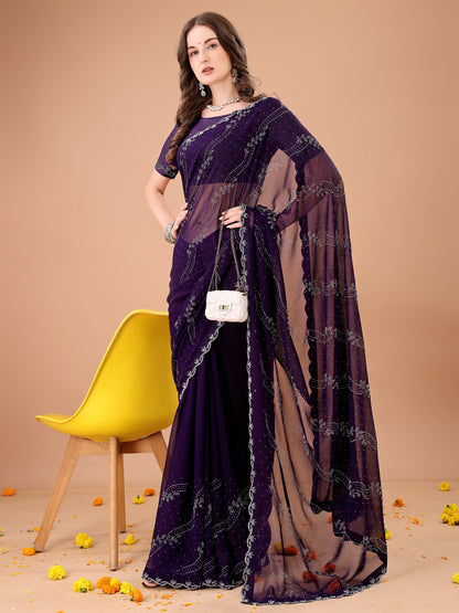 Leelavati Embroidered, Embellished Bollywood Georgette Saree (Purple)
