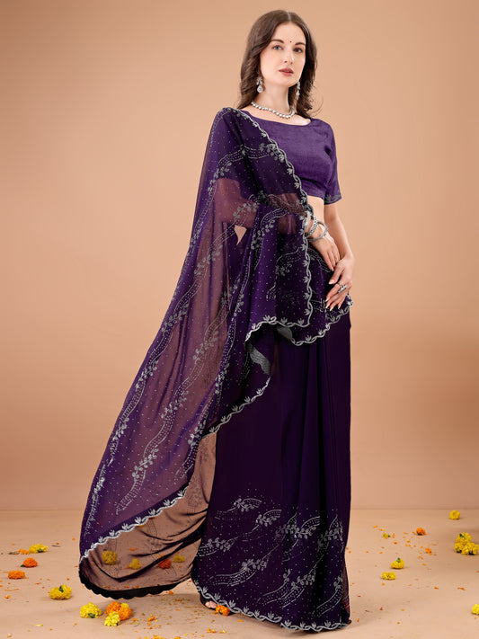 Leelavati Embroidered, Embellished Bollywood Georgette Saree (Purple)