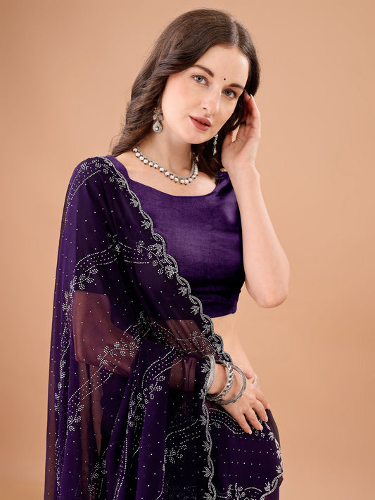 Leelavati Embroidered, Embellished Bollywood Georgette Saree (Purple)