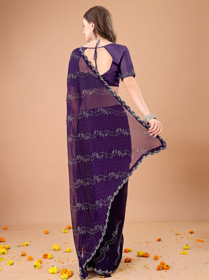 Leelavati Embroidered, Embellished Bollywood Georgette Saree (Purple)
