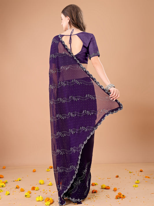 Leelavati Embroidered, Embellished Bollywood Georgette Saree (Purple)