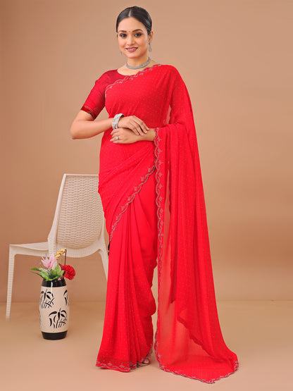 Leelavati Embellished Bollywood Chiffon Saree (Red)