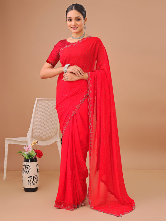 Leelavati Embellished Bollywood Chiffon Saree (Red)