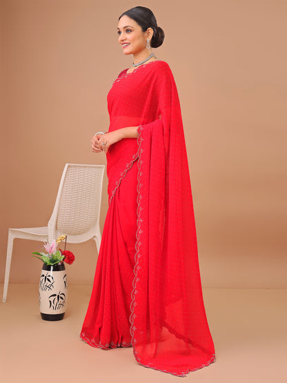 Leelavati Embellished Bollywood Chiffon Saree (Red)
