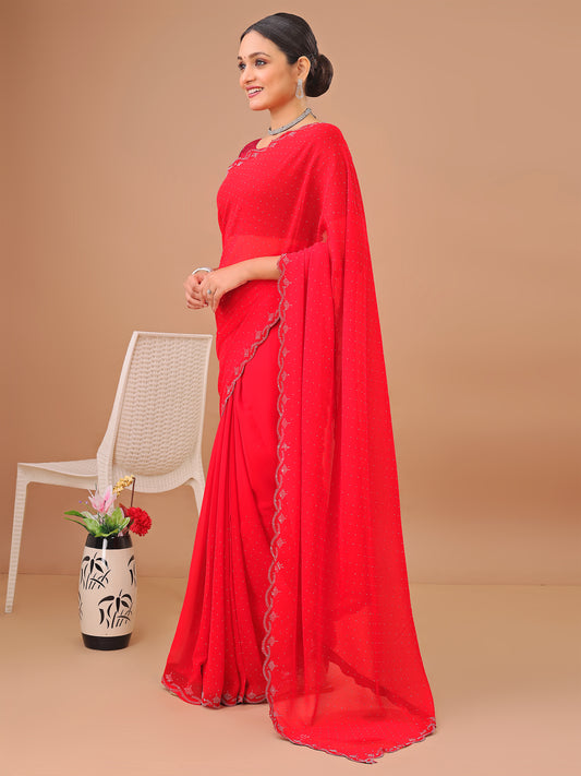 Leelavati Embellished Bollywood Chiffon Saree (Red)