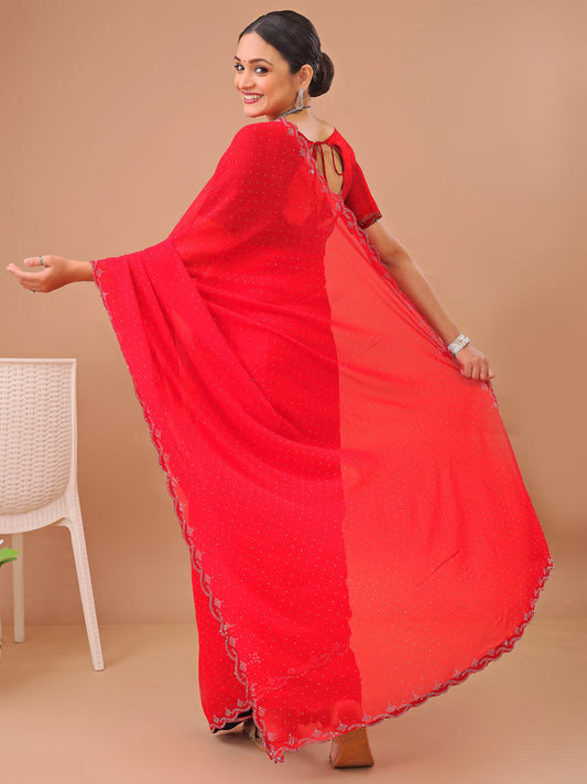 Leelavati Embellished Bollywood Chiffon Saree (Red)