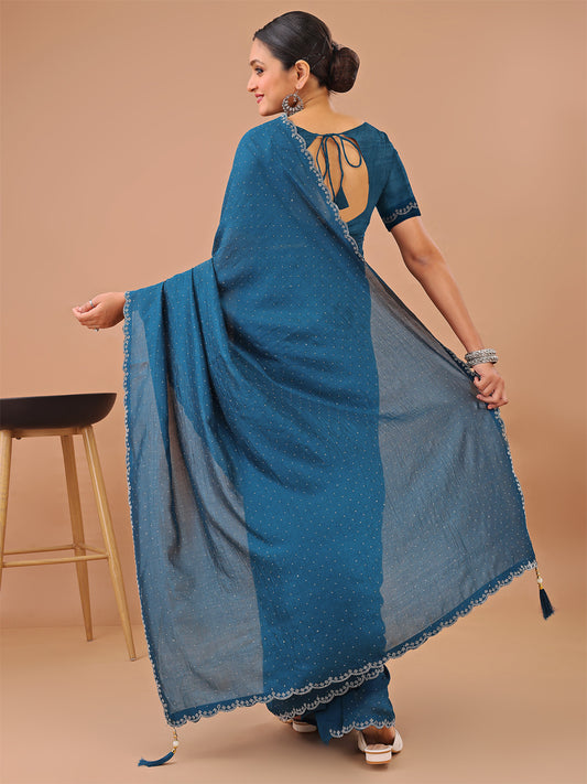 Leelavati Embellished Kanjivaram Silk Blend Saree (Blue)