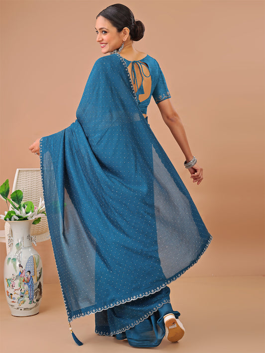 Leelavati Embellished Kanjivaram Silk Blend Saree (Blue)