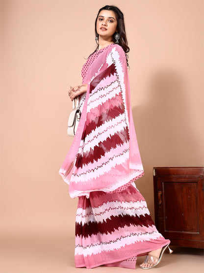 Leelavati Printed Bollywood Chiffon Saree (Pink, White)