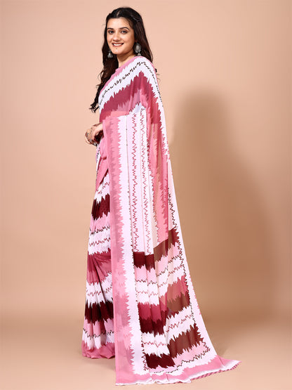 Leelavati Printed Bollywood Chiffon Saree (Pink, White)