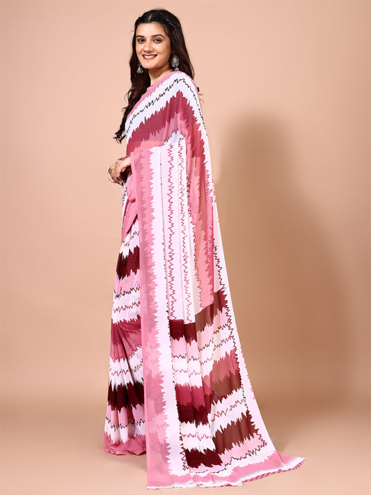 Leelavati Printed Bollywood Chiffon Saree (Pink, White)