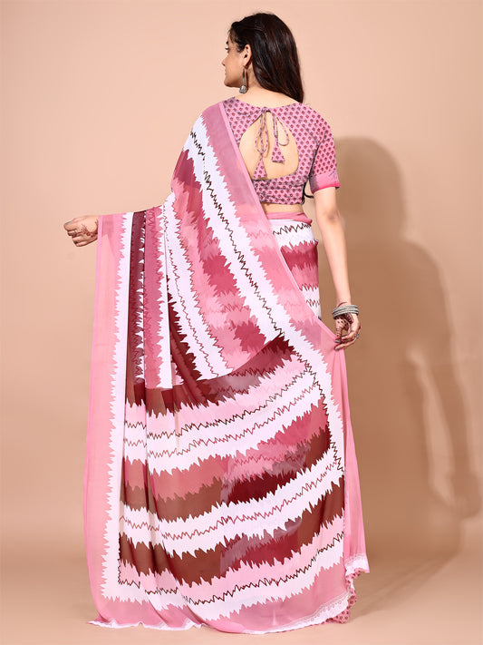 Leelavati Printed Bollywood Chiffon Saree (Pink, White)
