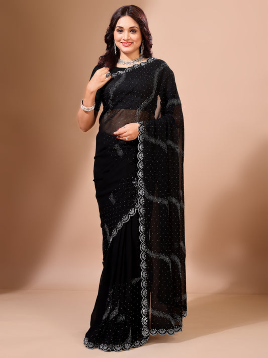 Leelavati Embroidered, Embellished Bollywood Georgette Saree (Black)