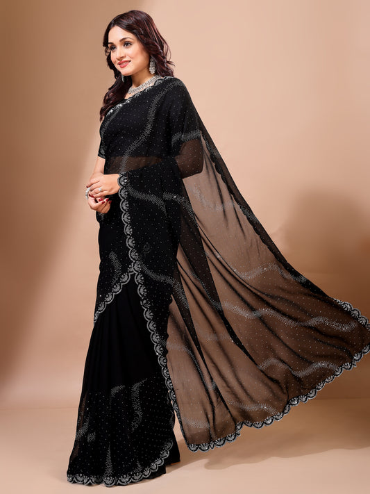 Leelavati Embroidered, Embellished Bollywood Georgette Saree (Black)
