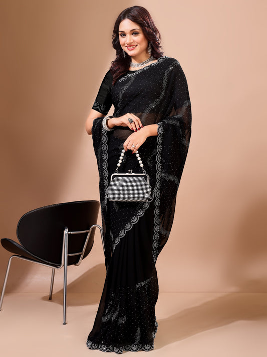 Leelavati Embroidered, Embellished Bollywood Georgette Saree (Black)