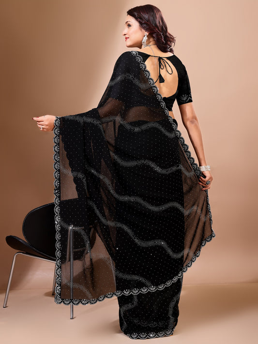 Leelavati Embroidered, Embellished Bollywood Georgette Saree (Black)
