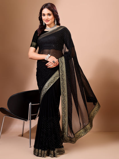 Leelavati Embroidered, Embellished Bollywood Georgette Saree (Black)