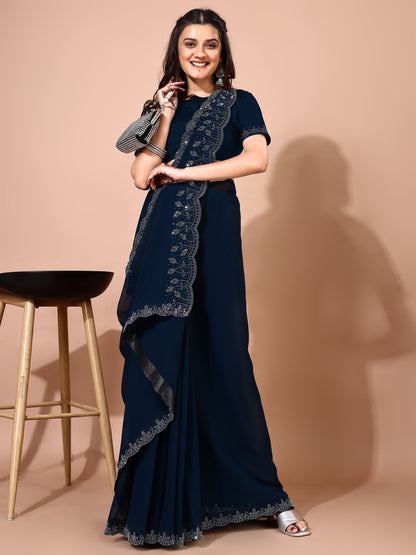 Leelavati Embellished Bollywood Chiffon Saree (Dark Blue)