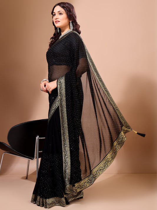 Leelavati Embroidered, Embellished Bollywood Georgette Saree (Black)
