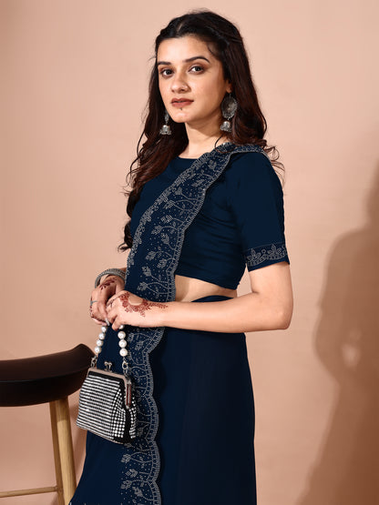 Leelavati Embellished Bollywood Chiffon Saree (Dark Blue)