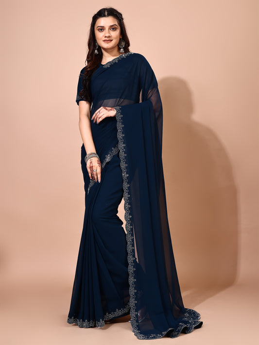 Leelavati Embellished Bollywood Chiffon Saree (Dark Blue)