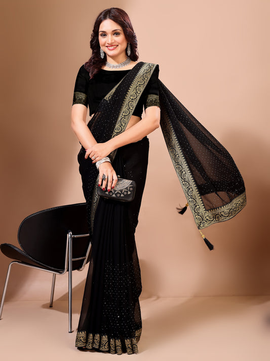 Leelavati Embroidered, Embellished Bollywood Georgette Saree (Black)