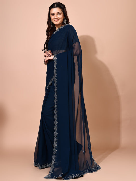 Leelavati Embellished Bollywood Chiffon Saree (Dark Blue)