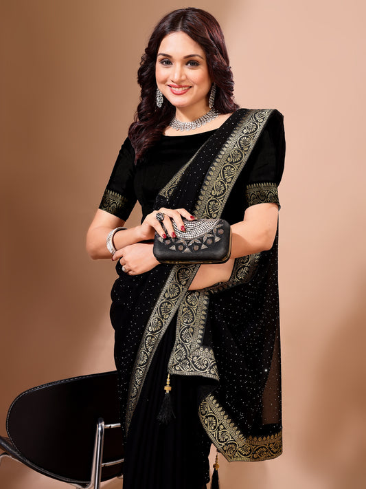 Leelavati Embroidered, Embellished Bollywood Georgette Saree (Black)