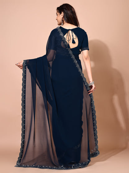 Leelavati Embellished Bollywood Chiffon Saree (Dark Blue)