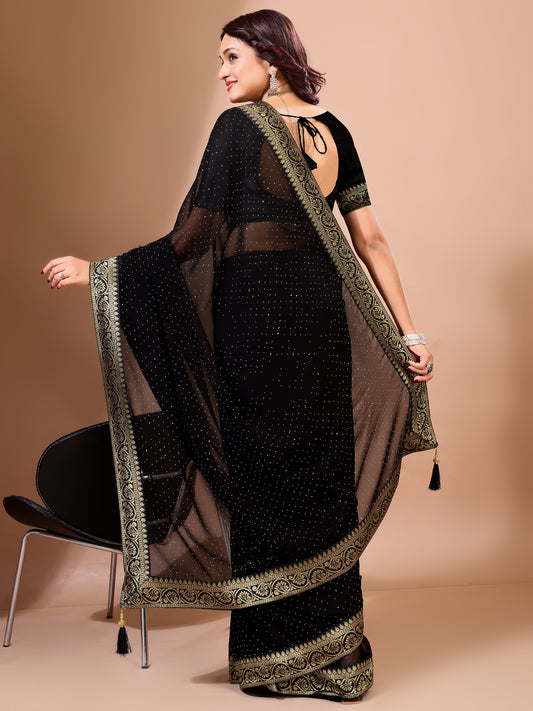 Leelavati Embroidered, Embellished Bollywood Georgette Saree (Black)